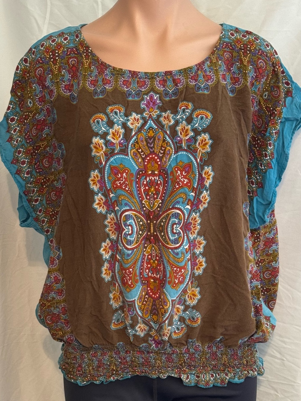 Women's Ashley Stewart Brown & Teal Boho Fluttery Short Sleeve Top